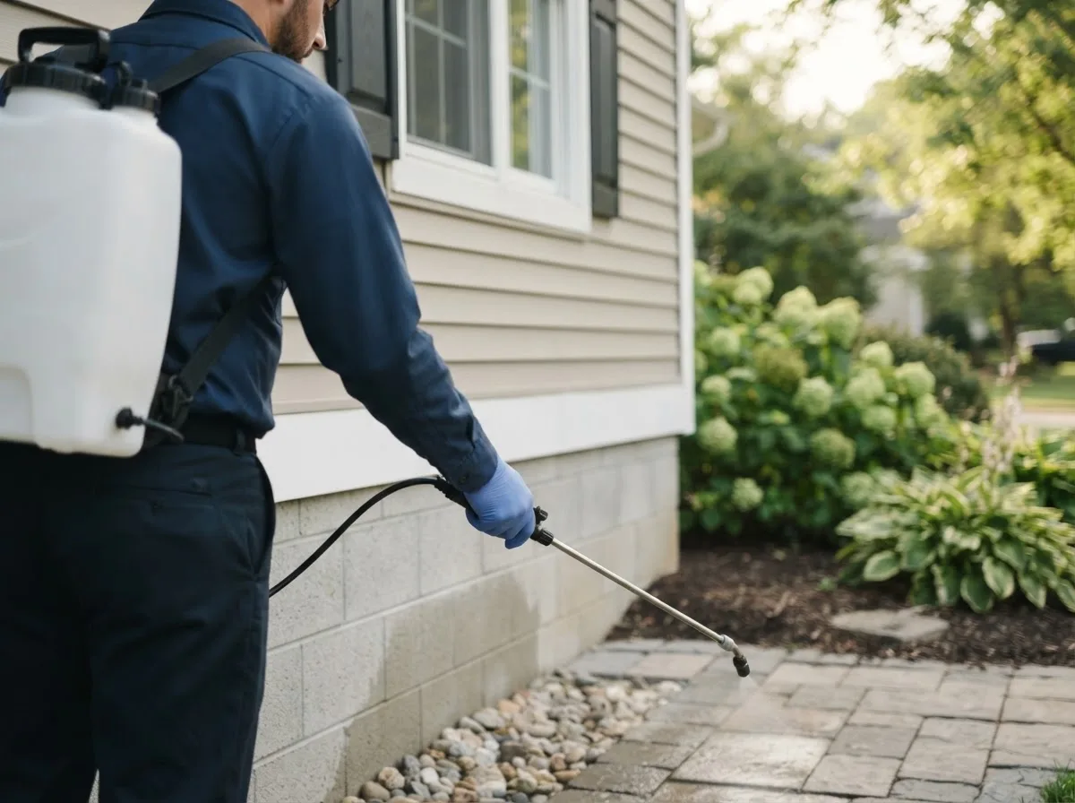 Pest control technician inspecting a home in Evergreen, NC